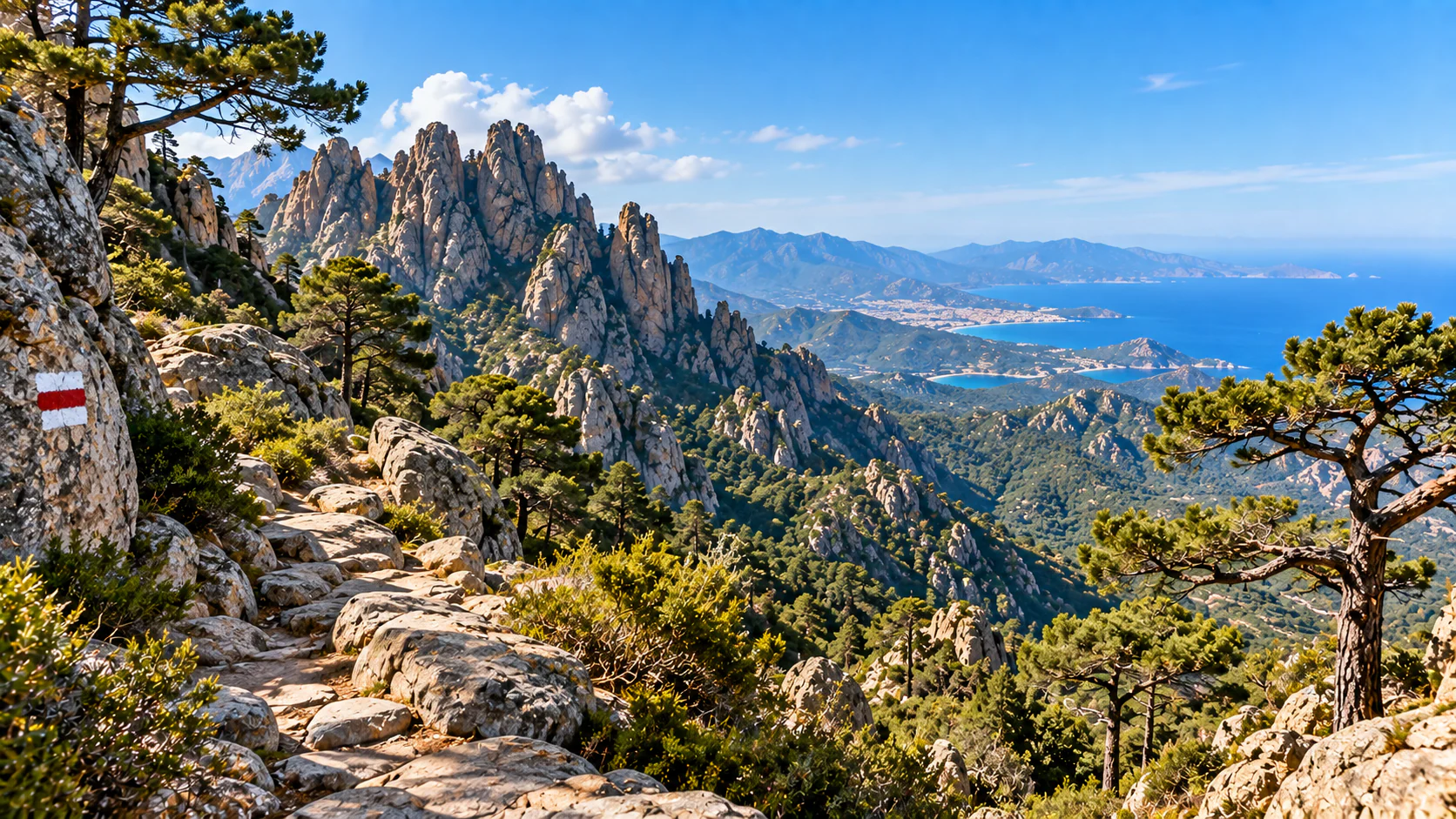 Sentier rocheux au cœur des montagnes corses dominant la mer