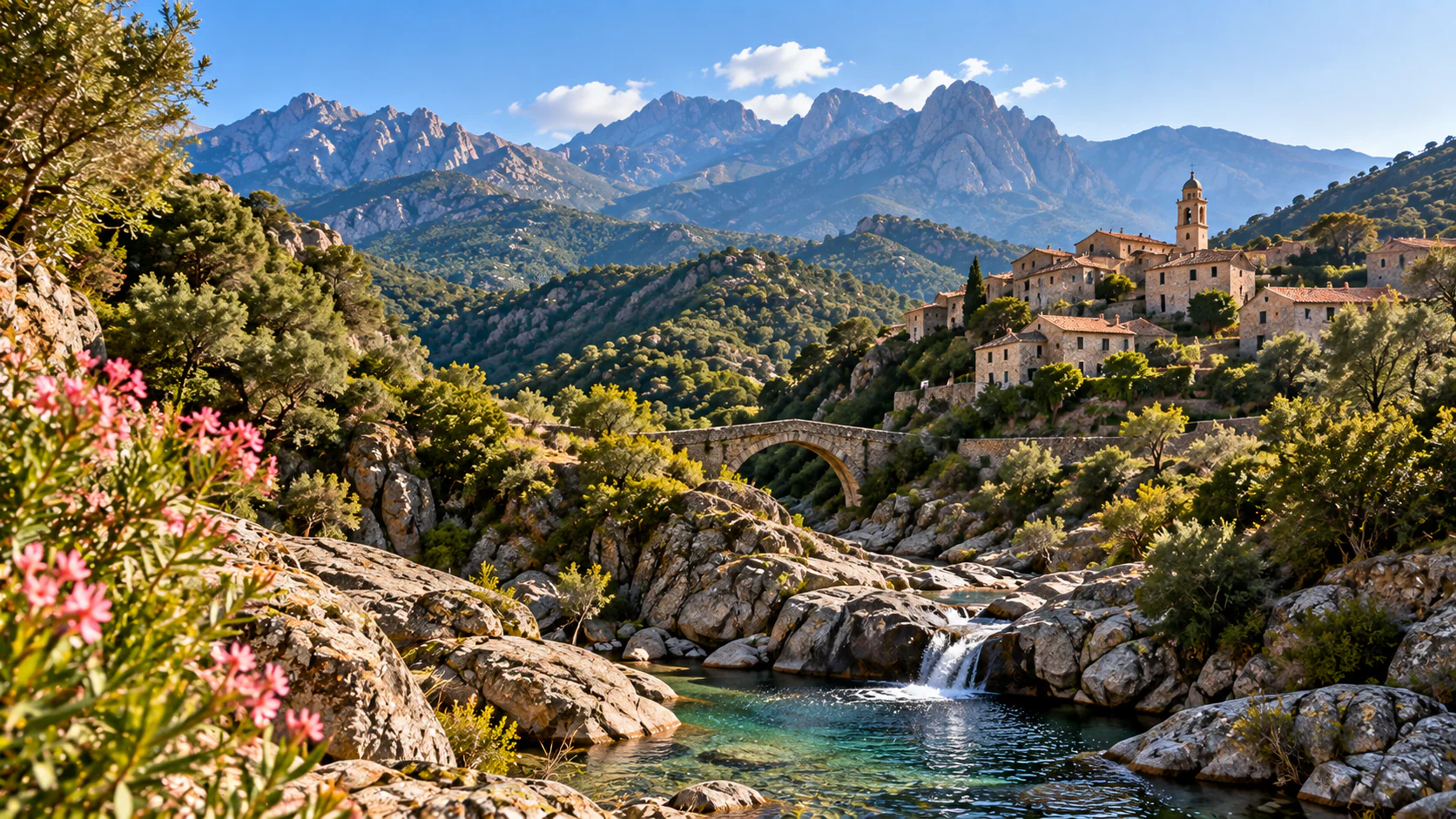Village corse relié à un pont au-dessus d’une rivière entre les montagnes
