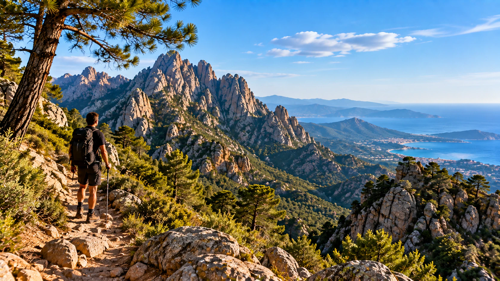 Paysage côtier corse spectaculaire entre mer, reliefs et sentier de montagne