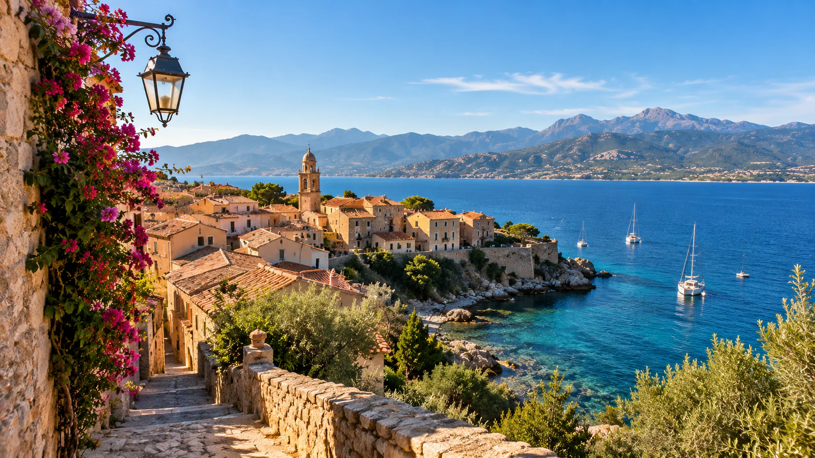 Village corse surplombant une baie et les montagnes