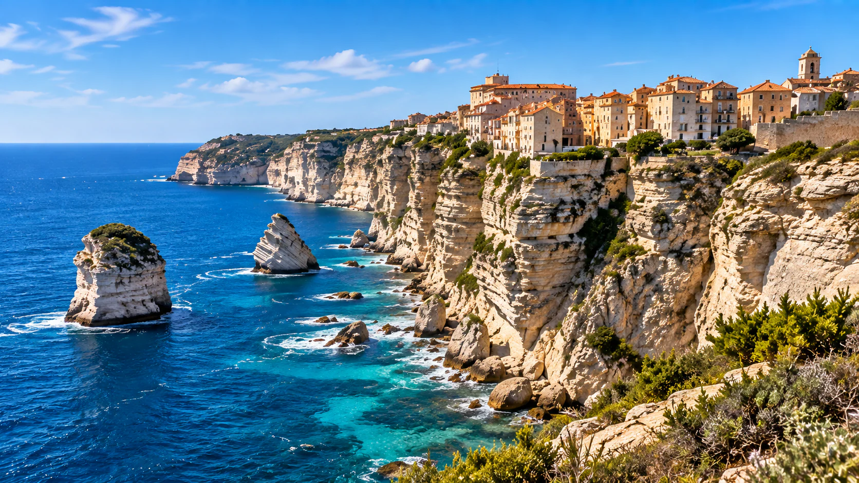 Ville fortifiée corse dressée sur de hautes falaises blanches