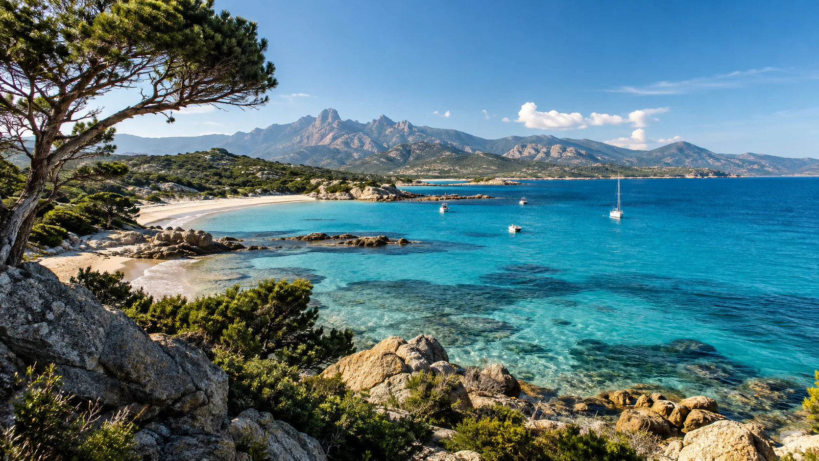 Grande crique corse aux eaux turquoise bordée de pins