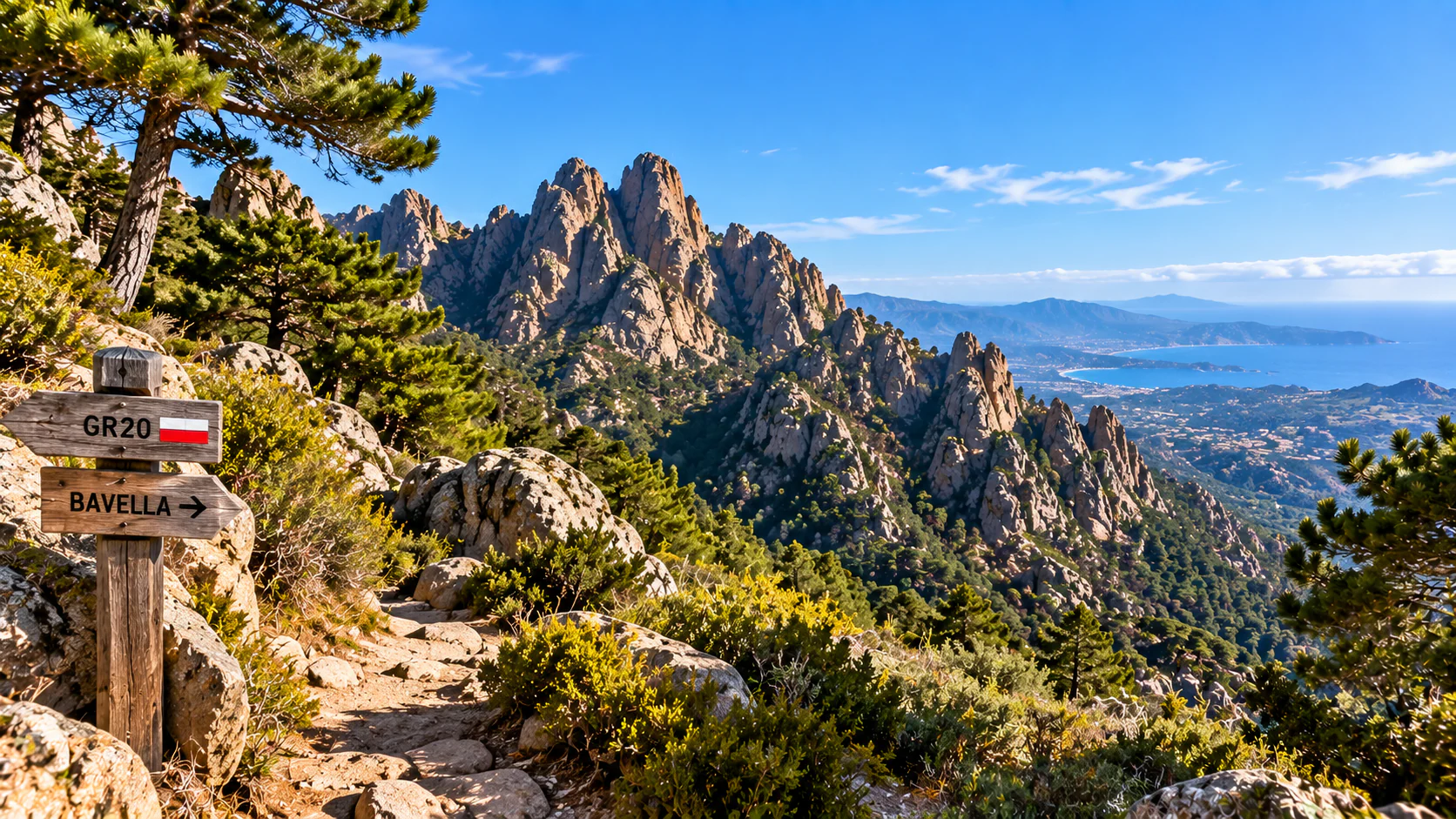 Sentier de montagne corse entre pins et aiguilles rocheuses