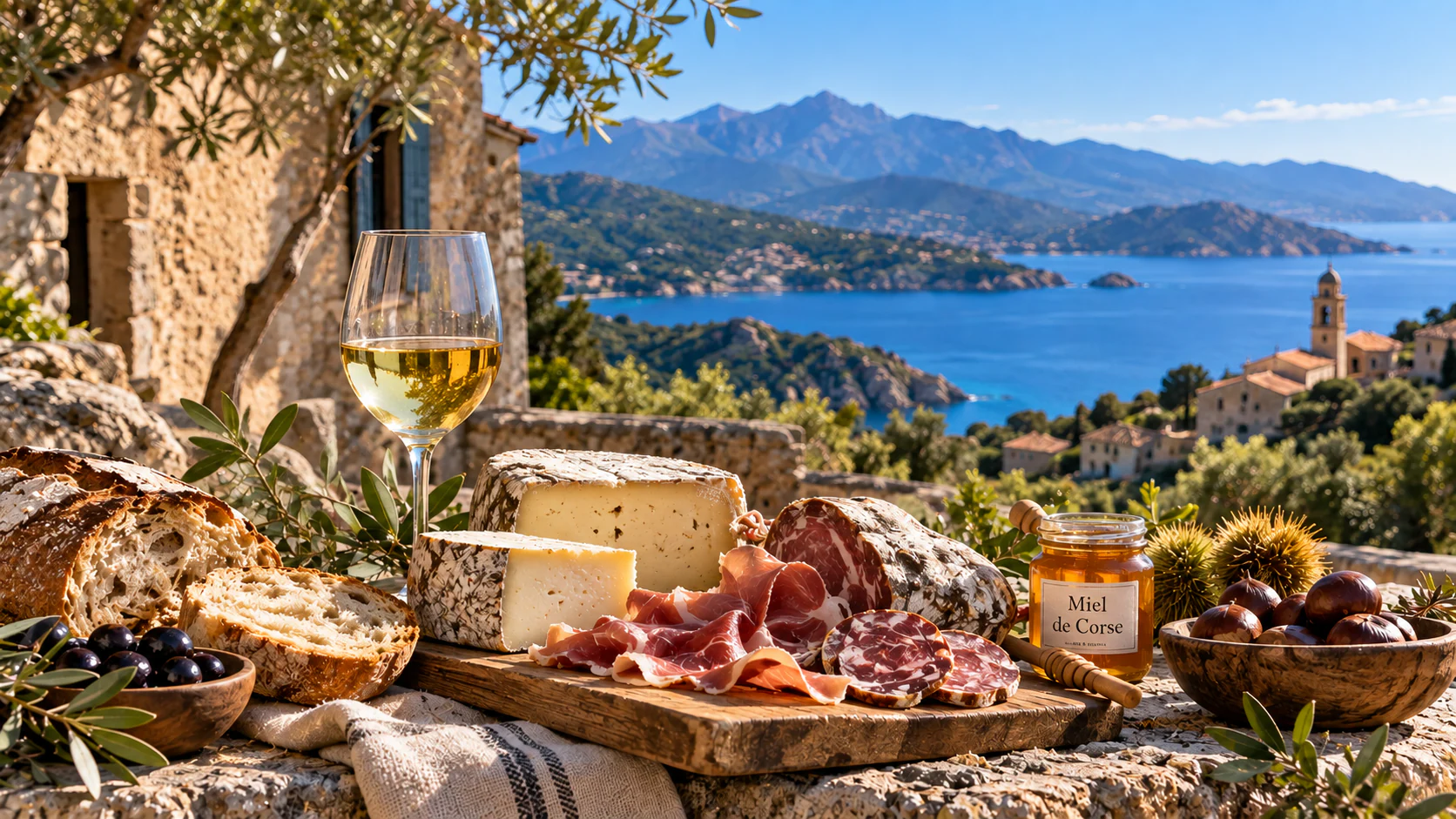 Table corse avec charcuterie, fromages, pain, olives, miel et châtaignes