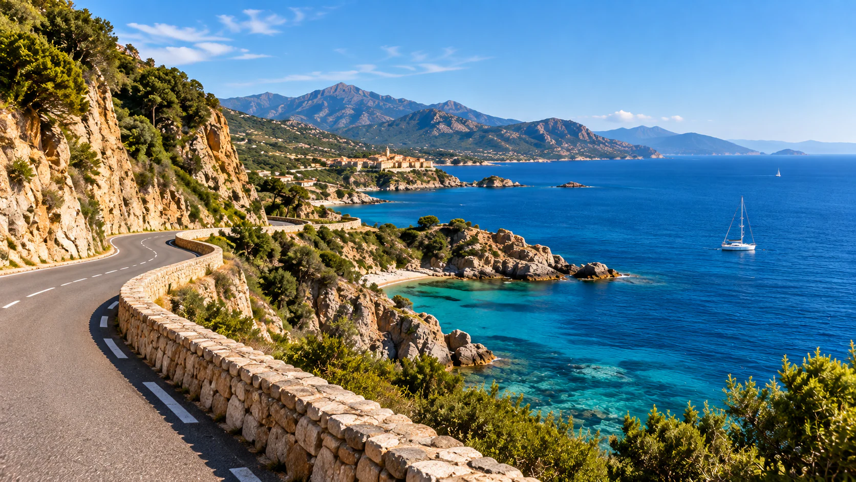 Route côtière corse longeant la mer et les montagnes